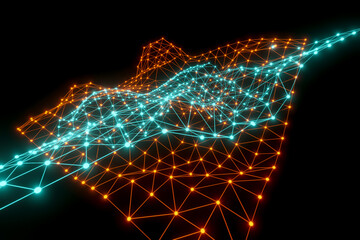 Polygon network in blue and orange. Abstract plexus, science, conections, wire, system and digital, geometry.