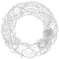 Summer Sea Wreath of shells and corals, starfish, anchors, seaweed and sea anemones. Black and white. Art therapy Coloring page. Vector illustration