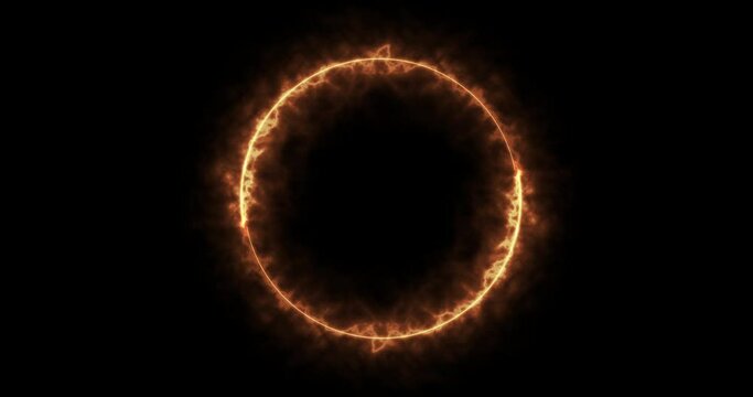 
4K Fiery ray generated in a circle frame sparks and flares background. Fire moving in circular design illuminated inferno blaze glowing background with burns dusts and gas. Eclipse fireball animation