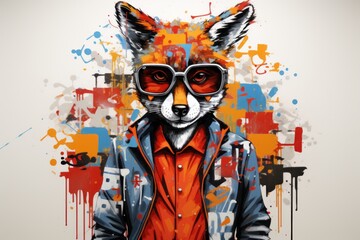  a painting of a raccoon wearing sunglasses and a jacket with paint splatters all over the background.