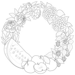 Summer wreath with beautiful flowers and ripe fruits. Hand drawn artwork. Love concept for wedding invitations, cards, tickets, congratulations. Black and white. Vector illustration