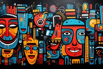  a painting of a group of people with faces painted on the side of a wall with different colors and shapes.