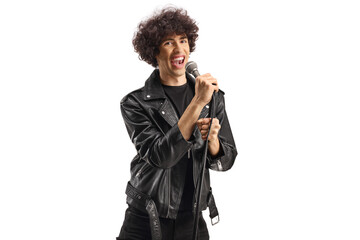 Young male singer in a leather jacket singing with a microphone