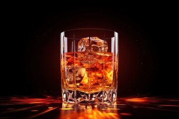  a glass of whiskey with ice cubes on a black background with a reflection of the ice cubes in the glass.