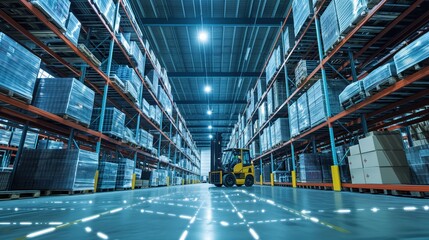 Forklift in a large warehouse - obrazy, fototapety, plakaty