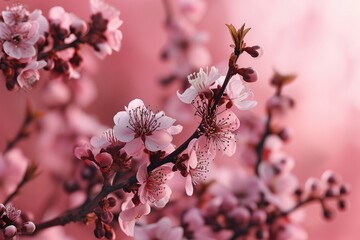 Obraz premium Close-up of pink cherry blossom buds in sharp focus against a soft background. Intricate details and textured surfaces create a breathtaking, hyper-realistic image