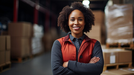 Black woman Logistic worker with no hat standing and a red uniform smiling at the camera on a warehouse background - obrazy, fototapety, plakaty