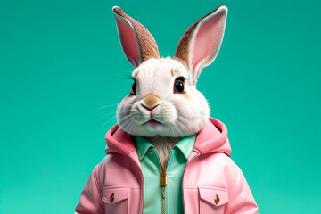 Portrait of a funny hare wearing a pink leather jacket on a mint green background.