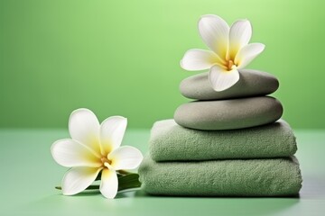  a stack of green towels with two white flowers on top of it and a stack of green towels with two white flowers on top of them.