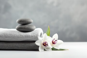  a white flower sitting on top of a pile of towels next to a pile of gray rocks on top of a table.