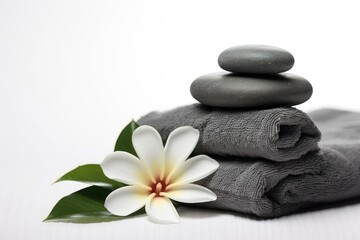  a white flower sitting on top of a pile of towels next to a pile of black rocks on top of a white surface.