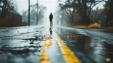 Rain on the street road with a lone person standing on it depicting loneliness and depression - Powered by Adobe