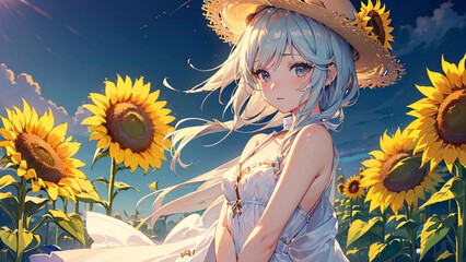 ひまわり畑　美少女　イラスト｜Generative AI