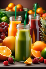 Various freshly squeezed fruits and vegetables juices and their ingredients with on a table.