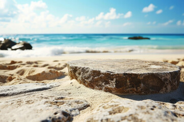 Rock podium product display. Rock on the beach with the beautiful sea and sky background.