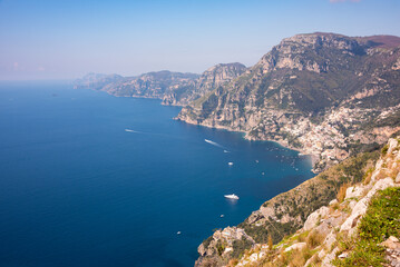 Scenic view of Amalfi coast and Positano town in Italy