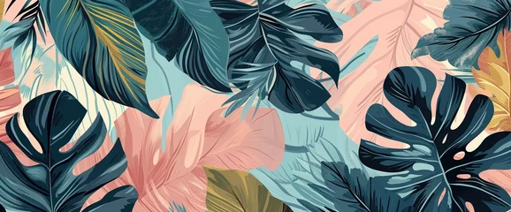Selbstklebende Fototapeten Vibrant tropical foliage and palm trees in a sharp-focus, hyper-realistic image. A colorful and decorative background with pastel hues, perfect for vintage posters © Aidas
