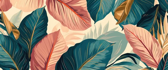 Poster Vibrant tropical leaves and trees in a hyper-realistic, sharp-focus stock image. Colorful and decorative with a pastel palette, perfect for vintage posters or nature-inspired designs. © Aidas