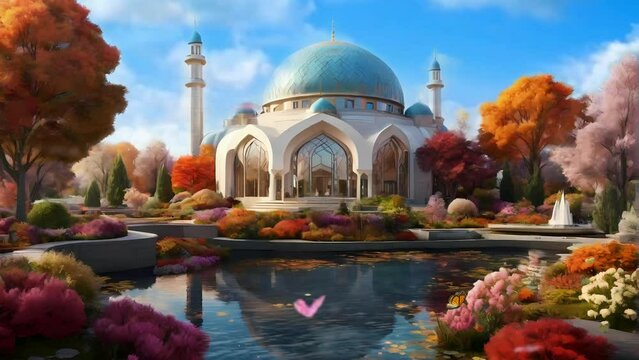 stunning mosque in the summer panorama, seamless Animation video background in 4K Resolution