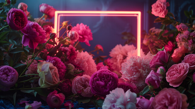 User
trendy neon glowing picture frame with copy space on the background of peonies, ranunculus and garden roses.  selective focus 