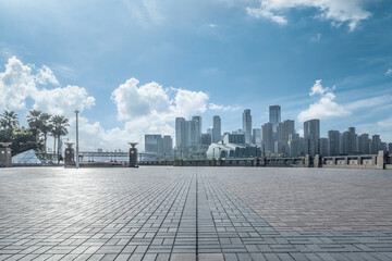 Empty brick floor and building skyline in Chongqing