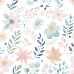 Fototapeta na wymiar Watercolor Pastel Floral and Flower Seamless Pattern on a White Background