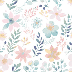 Watercolor Pastel Floral and Flower Seamless Pattern on a White Background