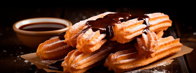 churros with chocolate. Selective focus.