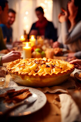 apple pie on the table against the backdrop of a family dinner. Selective focus.
