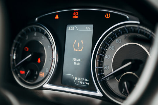 Zrenjanin, Serbia - December 1, 2023: Suzuki Vitara Service TPMS warning on vehicle dashboard