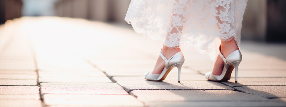bride's feet in white shoes. Selective focus.