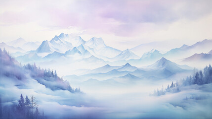 Serene Watercolor Mountains Painting Peaceful Scenery on a Monochromatic Background - obrazy, fototapety, plakaty
