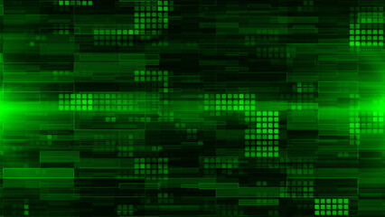 Obraz premium Green mosaic background in technology concept. Abstract green LED squares. Technology digital square green color background. Green pixel grid background. 3D rendering