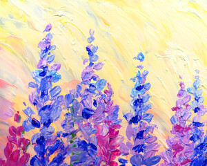 Oil painting. Bright Lupine Flowers