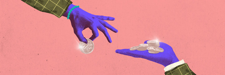 Banner. Contemporary art collage. Charity or alms. Person handing single coin to another person. Grainy fabric effect. Concept of business, financial literacy, debts, banking, salary. Ad