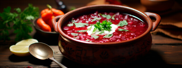 Red borscht in a plate. Selective focus.