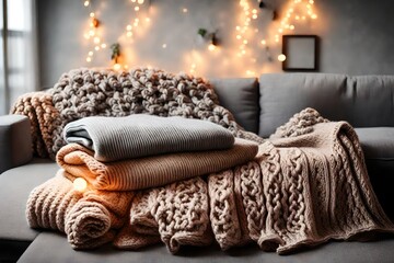  gray sofa in the living room, cozy blanket and decorative lights as background. Knitted warm clothing. Knitwear care  