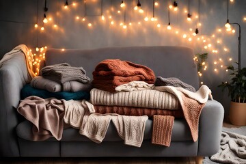 Pile of handmade sweaters on gray sofa in the living room, cozy blanket and decorative lights as background. Knitted warm clothing. Knitwear care  