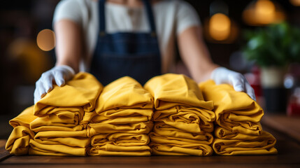 
Waitress arranging tablecloths in a restaurant. Laundress folding bar tablecloths. Domestic worker washing clothes.