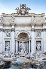 Amazing close-up view of the famous Rome Trevi Fountain (Fontana di Trevi) in morning light, Rome,...