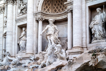 Amazing close-up view of the famous Rome Trevi Fountain (Fontana di Trevi) in morning light, Rome, Italy.