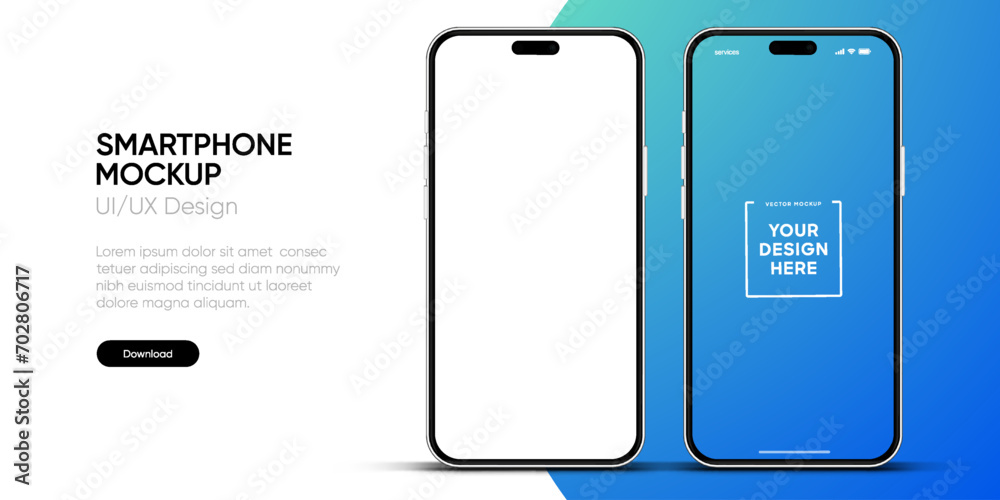 Poster 3d high quality vector smartphone mockups. Ultra realistic mobile device UI UX mockup for presentation template. Cellphone frame with blank screen isolated templates. 3d isometric illustration.