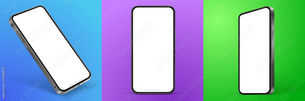 Poster 3d high quality vector smartphone mockups. Ultra realistic mobile device UI UX mockup for presentation template. Cellphone frame with blank screen isolated templates. 3d isometric illustration.