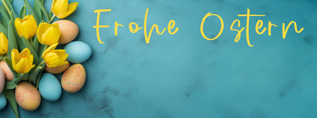 Frohe Ostern Grußkarte Banner mit deutschem Text - Bemalte Ostereier und gelbe Tulpen auf blauem Tisch, Draufsicht - obrazy, fototapety, plakaty