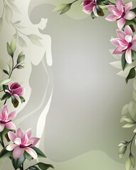 Beautiful Woman background with flowers and green leaves. Vector illustration
