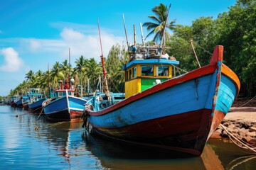 Fototapeta premium A traditional fishing village with colorful boats lined up along the shore