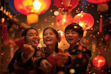Obraz na płótnie Canvas Cheerful group of Asian teenagers celebrating Chinese New Year. Happy young friends having fun during New Year celebration in Asian town.