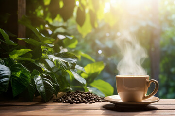 Steaming white cup of fresh coffee on a wooden table on tropical vegetation background. Sunny summer day at coffee plantation. - obrazy, fototapety, plakaty