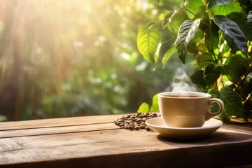 Tuinposter Steaming white cup of fresh coffee on a wooden table on tropical vegetation background. Sunny summer day at coffee plantation. © MNStudio