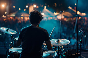 Back view of band drummer performing on stage. Silhouette of a man playing drums during live concert.